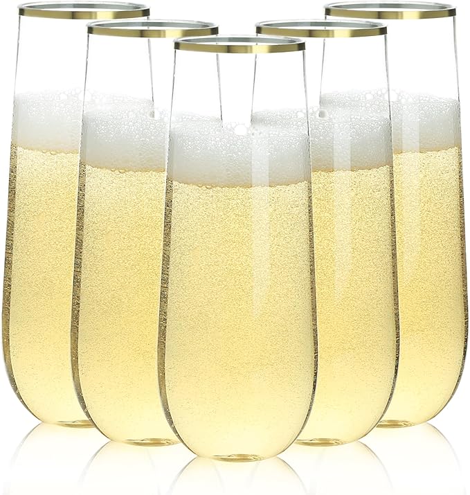 48 Pack 9 oz Stemless Plastic Champagne Flutes, Clear Disposable Champagne Glasses Gold Rim, Shatterproof and BPA-Free Drinkware for Party & Graduation & Wedding