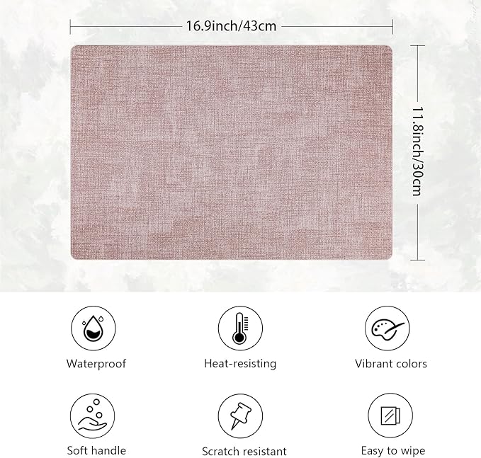 Placemats Set of 6 Faux Leather Heat Resistant Tables Mats Waterproof Oilproof Wipeable Reversible Anti-Slip Place Mats for Kitchen/Dining/Party/Outdoor 11.8" x 16.9", Pink