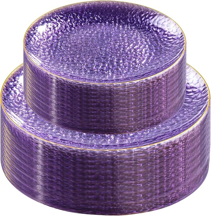 Rubtlamp 60Pcs Clear Purple Gold Plastic Plates, Purple Disposable Plates With Gold Rim, Hammered Plastic Plates Include 30 Clear Dessert Plates, 30 Dinner Plates for Party