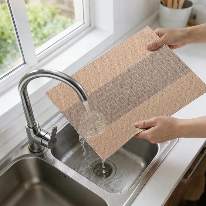Timeet Placemats Set of 4, Heat Resistant Non-Slip Place Mats for Dining Table, Durable Washable PVC Vinyl Woven Table Mats, Resistant Kitchen Placemats Easy to Clean(Beige & Gray