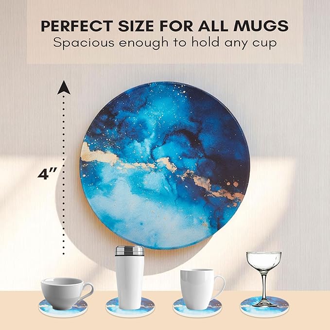 Ceramic Absorbent Coasters Set of 6 with Holder, Drink Coasters for Coffee Table, Kitchen & Home Decor, Cute Round Ceramic Coasters, Alternative to Silicone, Cork or Glass (Sapphire)