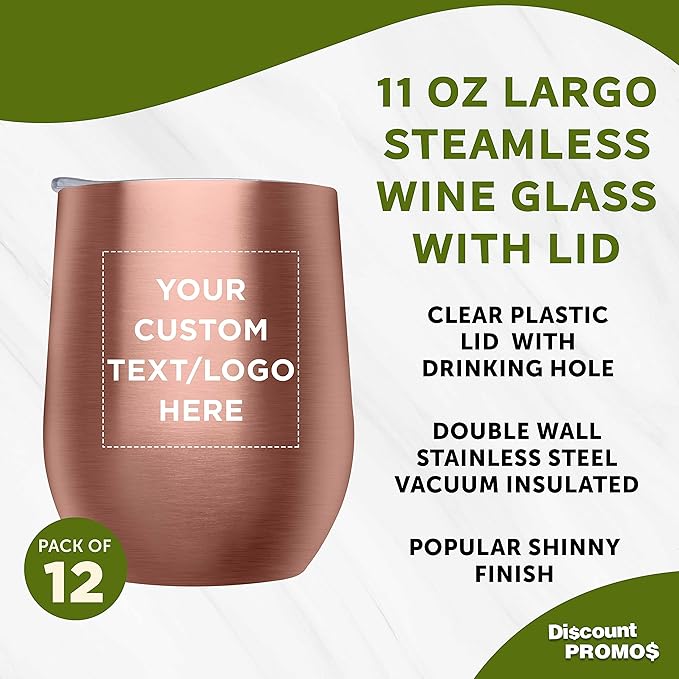Custom Stemless Wine Glass Tumblers with Lids by Largo 11 oz. Set of 12, Personalized Bulk Pack - Perfect for Wine, Cocktails, Other Hot & Cold Beverages - Rose Gold