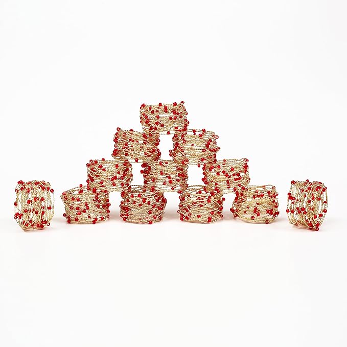 Gold Red Beaded Napkin Ring Set of 12 - Beautiful Fancy Elegant Decorative Napkin Holder for Christmas, Dinner Table Decoration, Farmhouse, Wedding, Party, Family Gathering, New Year & Everyday Use