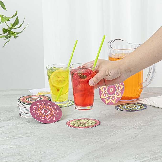 Restaurantware Super Absorbent Coasters 48 Case 4 Inch Assorted Paper Bar Coasters High-Density Pulpboard Beverage Coasters Moisture-Absorbing Durable Drink Coasters - Assorted Designs