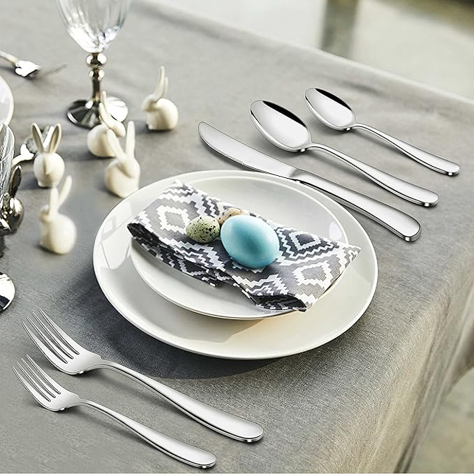 Herogo Heavy Duty Silverware Set with Serving Utensils, 45-Piece Stainless Steel Heavy Weight Modern Flatware Set for 8, Fancy Cutlery for Home Wedding, Dishwasher Safe, Mirror Finished