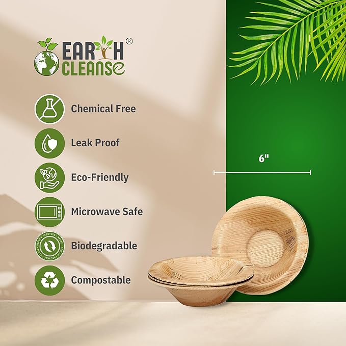 6" Areca Palm Leaf Extra Deep Round Bowls Compostable Biodegradable Eco-Friendly Natural Disposable Bowls,Perfect for Picnic Catering, Dessert, and Wedding (Pack of 200)