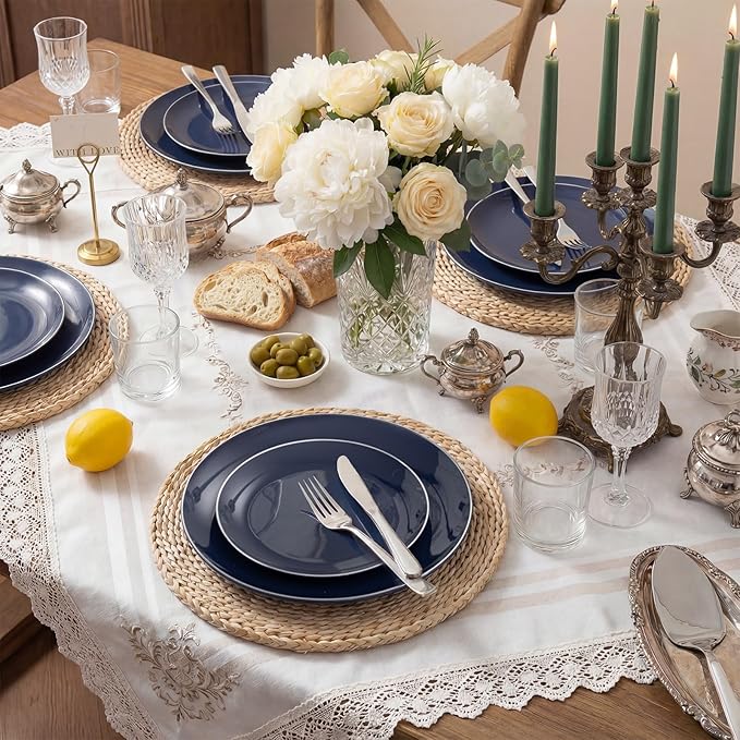 KIRE 200PCS Blue Plastic Plates with Silver Rim - Navy Blue Plastic Plates Include 100 Dinner & Dessert Plate - Heavy Duty Dark Blue Disposable Plate for Hanukkah/Parties/Wedding