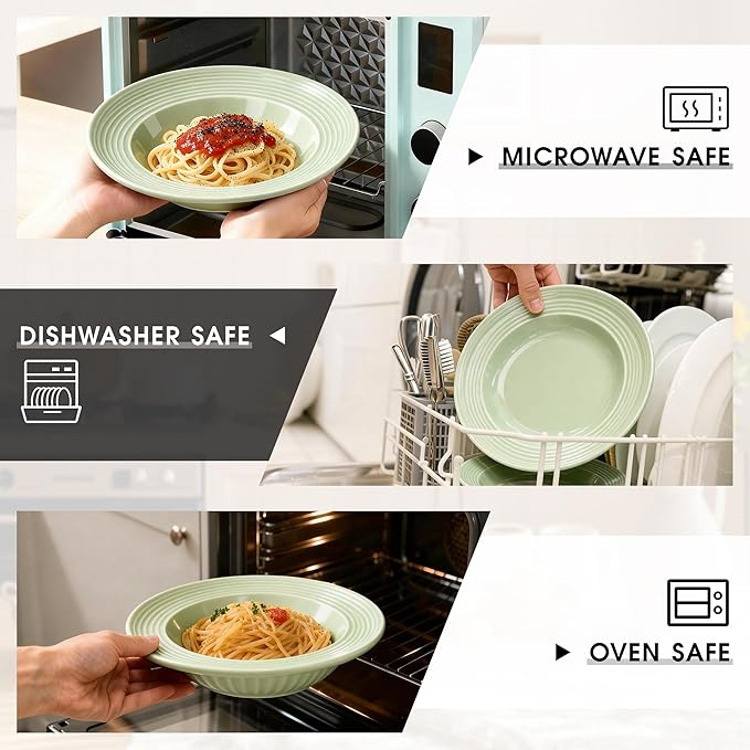 Wide Rim Soup Bowls, 11oz Small Capacity Rimmed Pasta Bowls Set of 4, 8 Inch Ceramic Salad Bowl, Shallow Plates, Elegant Dinner Cereal Serving - Microwave Dishwasher Oven Safe - Green