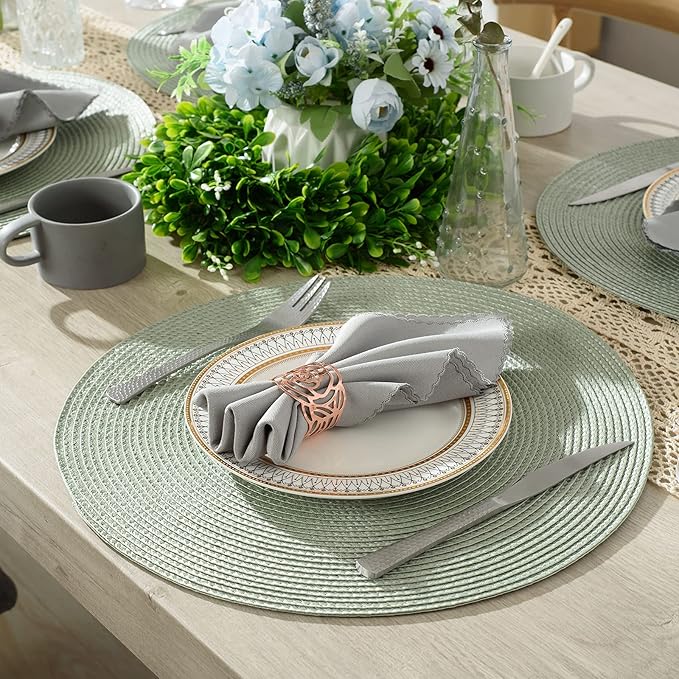 AHHFSMEI Round Braided Placemats 15 Inch Round Table Mats for Dining Tables Natural Woven Heat Resistant Place mats Set of 6 (Sage Green)