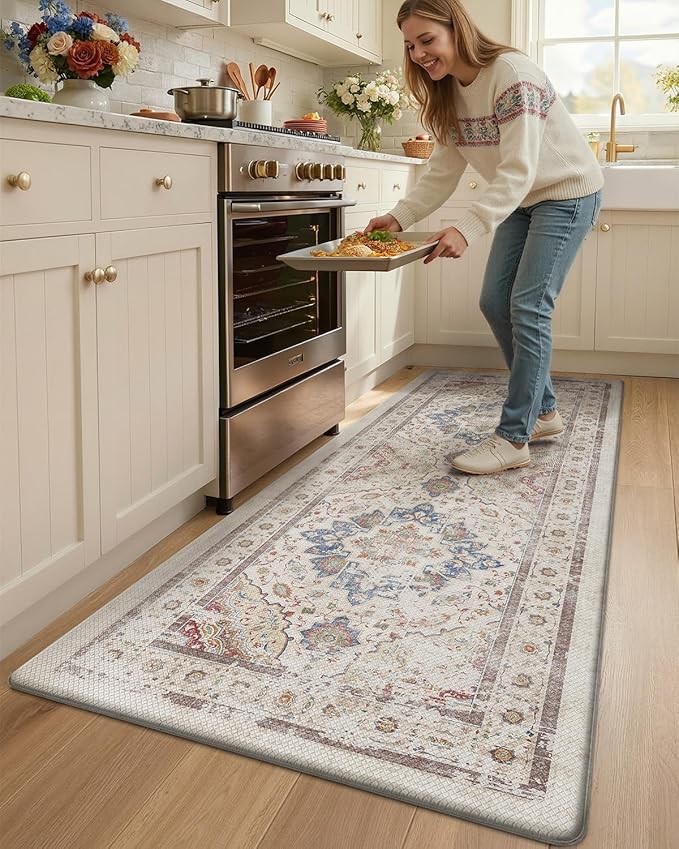 Color&Geometry Kitchen Floor Mats Anti Fatigue, Cushioned Boho Rugs,Waterproof Non Slip Kitchen Runner for Sink, Standing Mats for Office,24"x87",Oatmeal