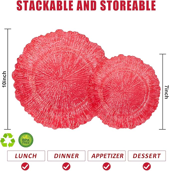 U-QE 60PCS Clear and Red Plastic Plates - Reef Plastic Plates Disposable&Reusable - Clear Red Plates Including 30 Plastic Dinner Plates 10" & 30 Plastic Dessert Plates 7" Perfect for Valentine's Day