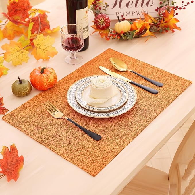 Homaxy Cloths Placemats for Dining Table Set of 6, Heat Resistant Washable Cotton Linen Blend Table Mats, Easy to Clean Place Mats for Indoor Outdoor Party Kitchen Decoration, 13" x 19", Orange