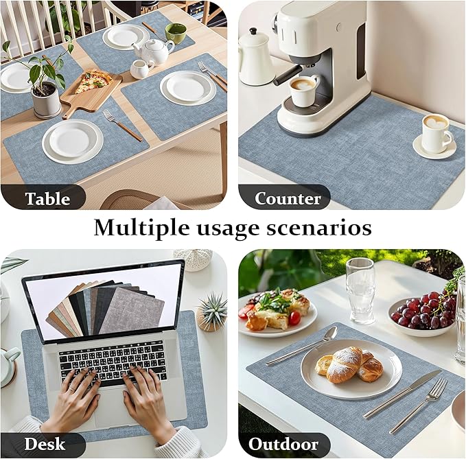FROMHEART Faux Leather Placemats Set of 8–Waterproof,Heat/Oil Stain-Resistant PU Table Mat–Reversible,Non-Slip,Easy to Clean Place Mats for Kitchen,Dining,Indoor/Outdoor,(Light Blue,11.8" x 17")