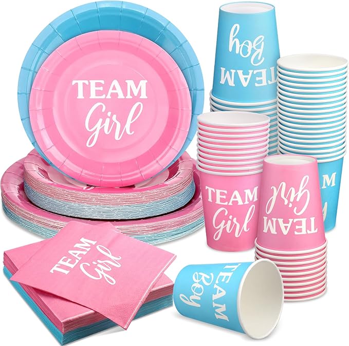 200 Pieces Party Supplies Tableware Set Patterns Printed Plates Napkins Cups Table Decorations for Baby Shower Birthday Party (Gender Reveal Style)