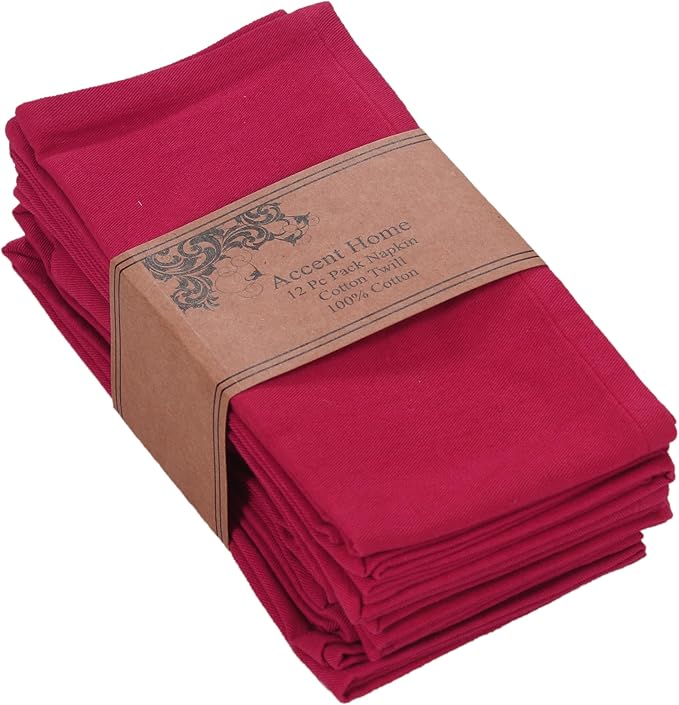 ACCENTHOME Accent Home 100% Cotton Napkins, Delicate Cloth Napkins for Dinners, Parties and Weddings，18 x 18 Inch Set of 12 - Red