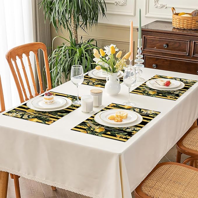 Lemon Placemats Set of 4, Yellow Lemon Place Mats, Fruit Waterproof Washable Table Mats for Home Party Indoor Kitchen Dining Table Decoration 12x18 Inch