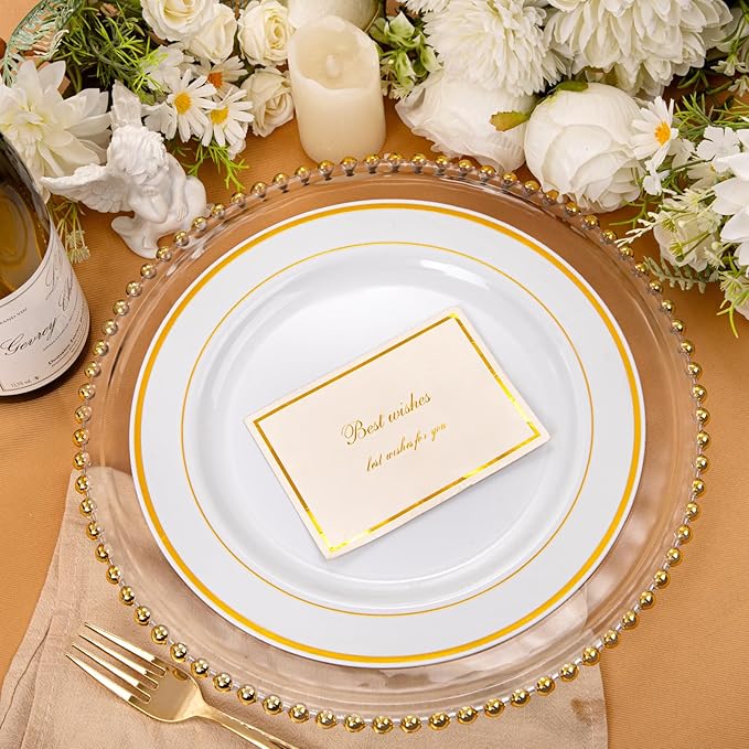 bUCLA 100Pieces Gold Plastic Dinner Plates - 10.25inch White and Gold Plates Disposable for Party - Ideal for Wedding, Party & Daily Use