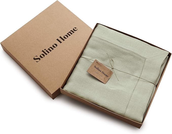 Solino Home Sage Green Linen Tablecloth 60 x 120 Inch - 100% Pure Linen Hemstitch Table Cloth for Rectangle Tables - Classic Hemstitch, Washable Tablecloth for Winter, Spring, Easter, St Patricks Day
