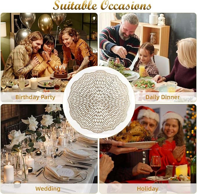 Placemats Set of 6, Round Placemats Gold 15 Inch Washable Vinyl Place Mats Dining Table Mats for Anniversary Wedding Party Kitchen Decorations