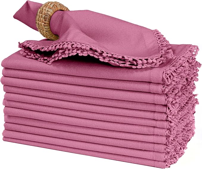 Bedding Craft Cotton Cloth Dinner Napkins Set of 12 – 18x18 Wild Orchid Pink with Decorative Lace Selvedge – Elegant Machine Washable Fabric Napkins for Weddings, Parties, Baby Showers & Table Décor