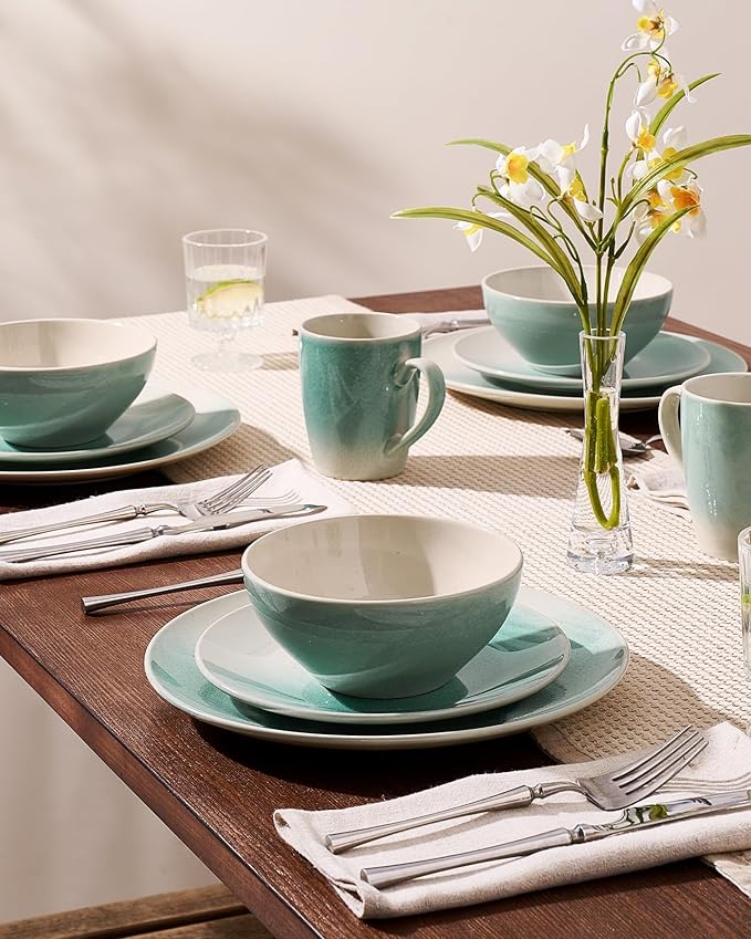 Famiware Glacier Dinnerware Sets, Plates and Bowls Dish Sets for 8 (24 Pieces), Stoneware Tableware - Dishwasher and Microwave Safe, Handcrafted Reactive Glaze, Aqua
