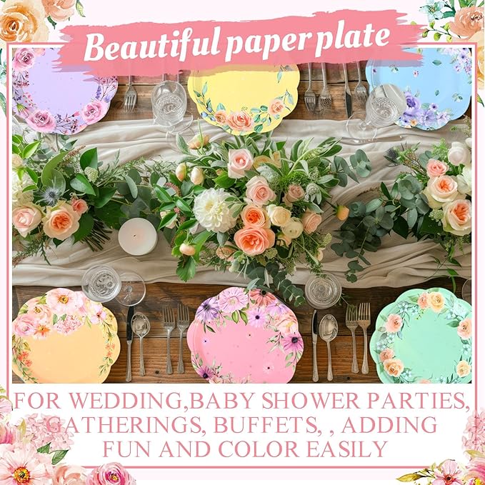 Umigy 120 Pcs Summer Fall Floral Party Plates 7 Inch Floral Paper Plates, Summer Flower Disposable Decorative Tableware for Birthday Wedding Baby Shower Tea Party Bridal Shower