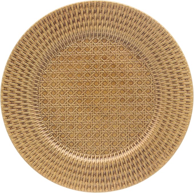 13 Inch Antique Gold Charger Plates Set of 6 Round Plastic Plates Matte Finish Faux Rattan Woven Texture Charger plates for Wedding Party Christmas (537)