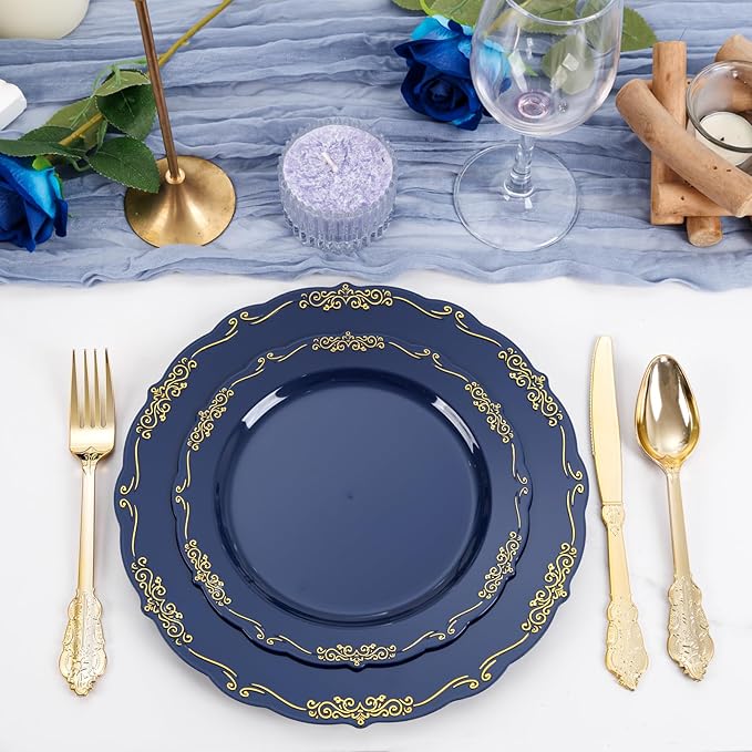 DaYammi 150Pcs Blue Plastic Plates Heavy Duty Navy Blue Disposable Plates with Gold Plastic Silverware include 30 Dinner Plate,30 Dessert Plate,90 Gold Silverware Set,blue plates for Party Dinner