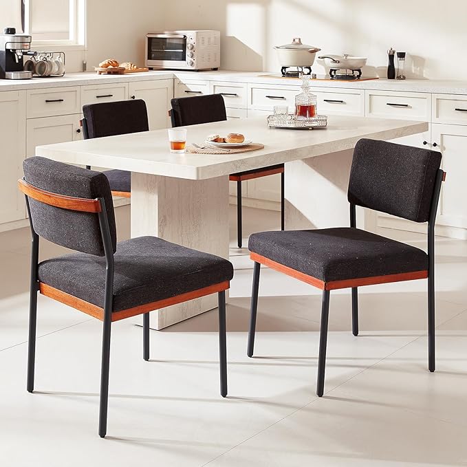 Black Modern Dining Chairs Set of 2, Kitchen Chairs with Thick Cushions and Adjustable Foot Pads, Upholstered Fabric Dining Room Chairs with Sturdy Metal Legs