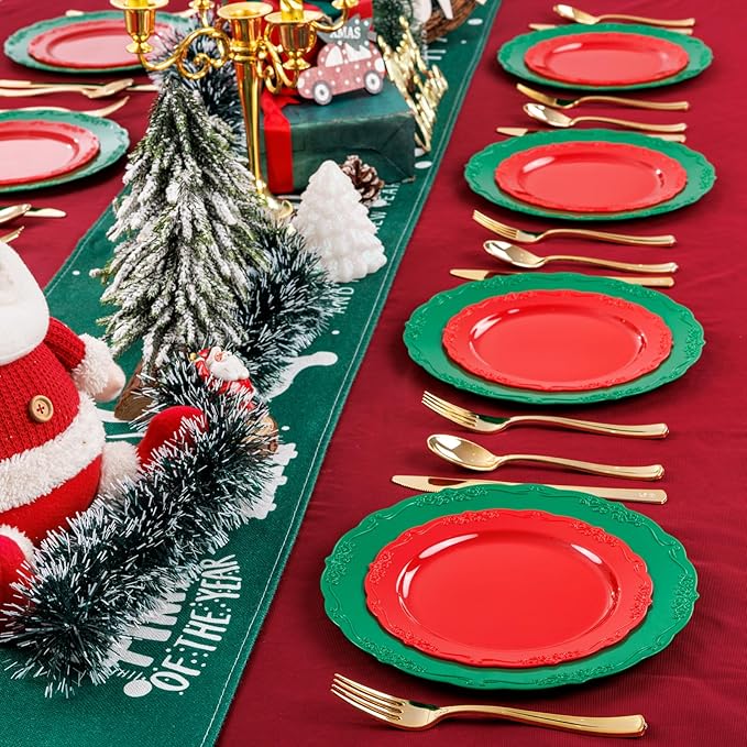 U-QE 100Pcs Christmas Plastic Plates - Green and Red Plate Disposable for Party, Plastic Christmas Plates Disposable Include 50 Red Dessert Plate, 50 Green Dinner Plate Suite for Party