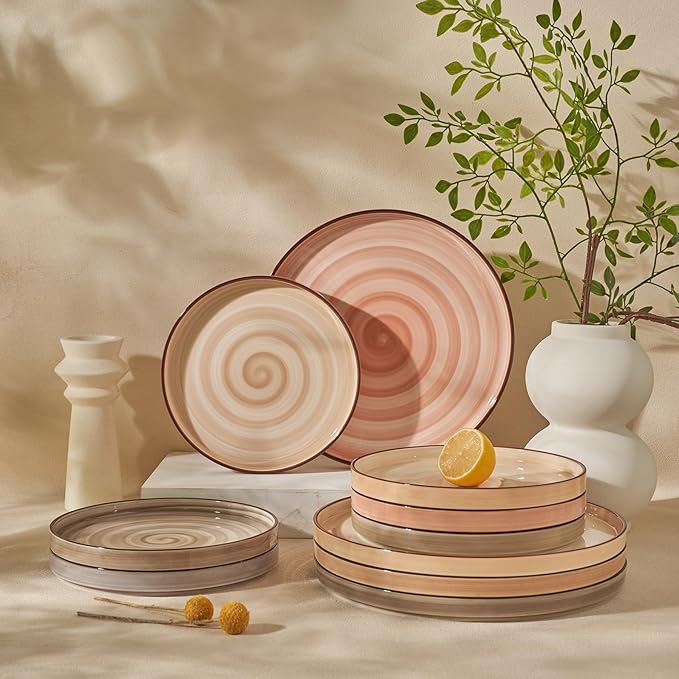 Sweese 10.5 Inch Porcelain Dinner Plates Set of 6, Gradient High Edge Dish Set - Dishwasher, Microwave, Oven Safe, Scratch Resistant, Kitchen Serving Dishes - Cool Assorted Colors