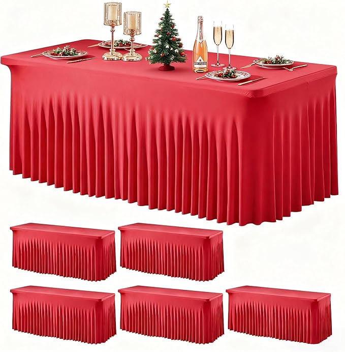 Wish Care 6 Pack Red Spandex Table Clothes for 6 Foot Rectangle Tables, 6FT Wrinkle Free Fitted Tablecloths Ruffles Design Table Cover for Party, Banquet, Wedding and Events