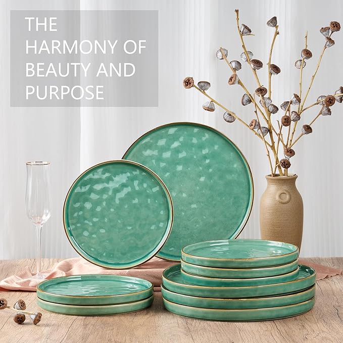 LIANYU Ceramic Dessert Plates Set of 6, 10.2 Inch Kitchen Dinner Plates Set, Porcelain Serving Dishes for Cake, Bread, Salad, Snack and Steak, Microwave, Oven and Dishwasher Safe, Emerald Green