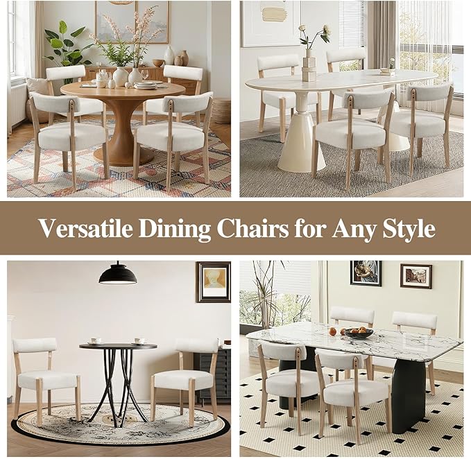 Modern Dining Chairs Set of 4 – Mid-Century Modern Faux Leather Upholstered Kitchen & Dining Room Chairs with Curved Back, Oversized Rounded Seat, Sturdy Wood Frame, Beige