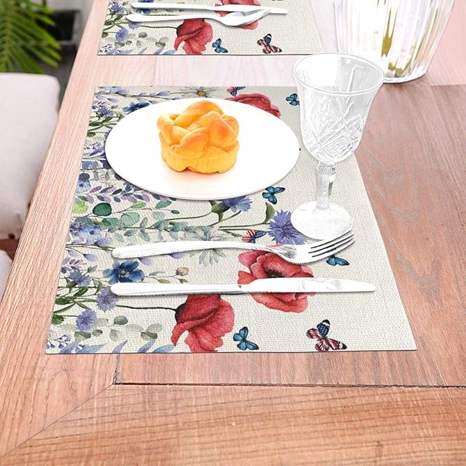 Independence Day Floral Placemats 12x18 Inches Set of 4, 4th of July Blue Red Flower Placemats Summer Decorative Rectangle Modern Table Mats for Party Home Kitchen Dining Table Decoration