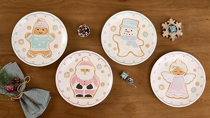 Bico Pastel Gingerbread Man Salad Plates Set of 4, 8.75 Inch Ceramic Dessert Plates for Salad, Appetizer, Side Dishes, Microwave and Dishwasher Safe, Gift for Housewarming and Christmas