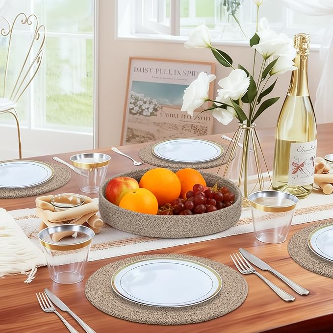 Round Placemats Set of 6 with Holder, Cotton Rope Woven Place Mats, Hot Pads for Kitchen, Heat Resistant Table Mats, 13 Inch Farmhouse Washable Braided Placemat for Kitchen Decor (Brown)