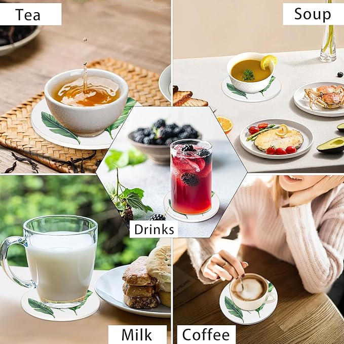 Coasters for Drinks Absorbent with Holder,Green Leaves Sets of 6 Durable Cup Coaster for Coffee Table Protection,Great Housewarming Birthday Gifts,Home Decor