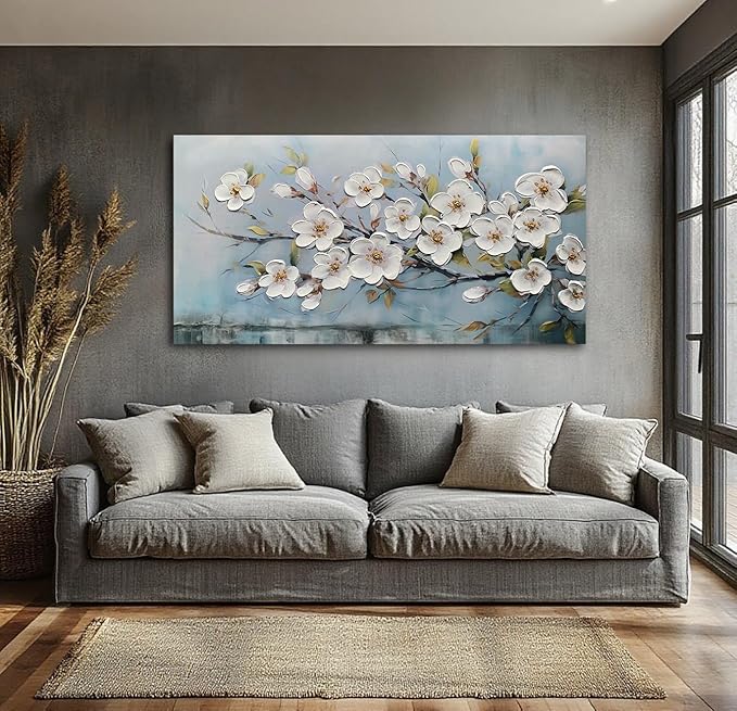 Anolyfi White Textured Flowers Wall Art for Living Room Canvas Wall Decor, Modern Elegant Landscape Wall Art for Dining Room Hallway Office Home 40"x20"