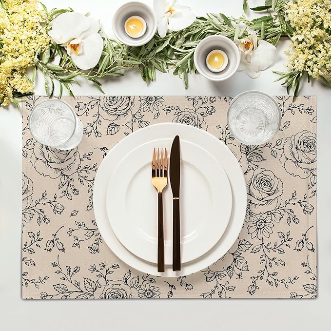 Rustic Floral Placemats - Country Place Mats Set of 4 Farmhouse Rose Flowers Tablemats 12x18 for Party Kitchen Dining