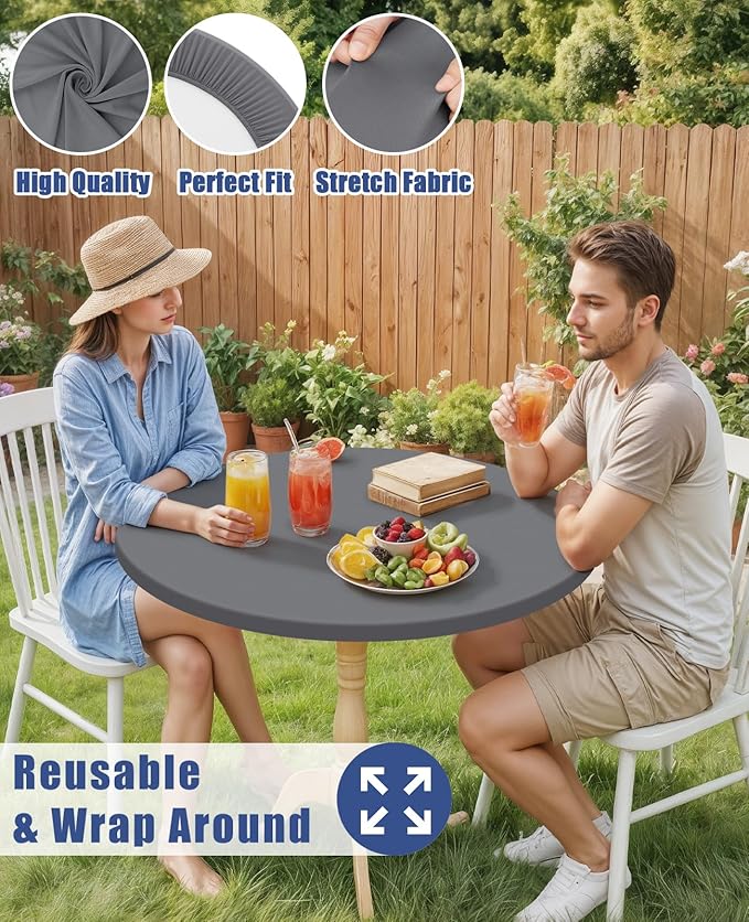 Round Spandex Tablecloth 2 Pack, Elastic Fitted Waterproof Tablecloths for 18"-24" Tables, Stretch Washable Picnic Table Cover for Camping, Dining, Indoor and Outdoor, Grey