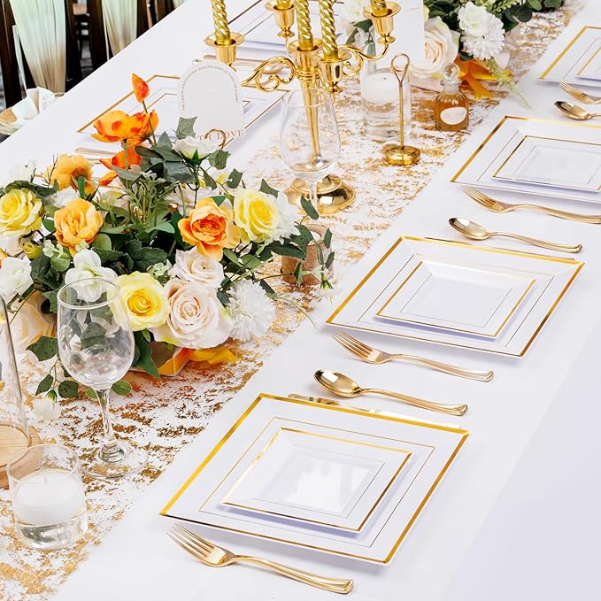 Liacere 100PCS White and Gold Square Plastic Plates-50PCS Heavy Duty 9.5inch White Dinner Plates and 50PCS 6inch White Dessert Plates - Gold Plastic Plates for Party & Christmas & New Year