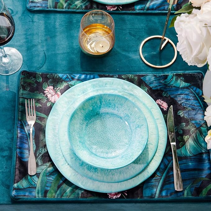 12 Pcs Melamine Dinnerware Sets, Durable Dishware Melamine Dinner Plates for Indoor and Outdoor, Aqua Plates and Bowls Sets, Dishwasher Safe Shatter Proof Chip Resistant Not Microware Not Oven(Green）