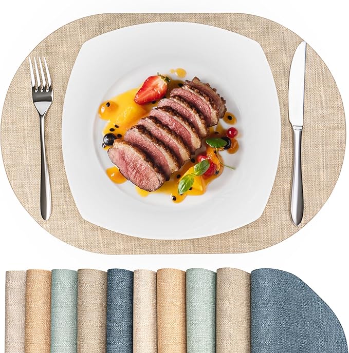 Oval Placemats for Dining Table Set of 2, Washable Leather Table Mats, Waterproof Heat-Resistant Non-Slip Kitchen Placemats, Simple Style Oval Design