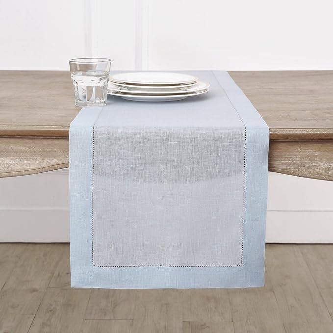 Solino Home Linen Light Blue Table Runner 72 Inches Long - 100% Pure Linen Hemstitch Table Runner 14 x 72 Inch for Dresser, Dining, Winter, Spring, Easter - Classic Hemstitch