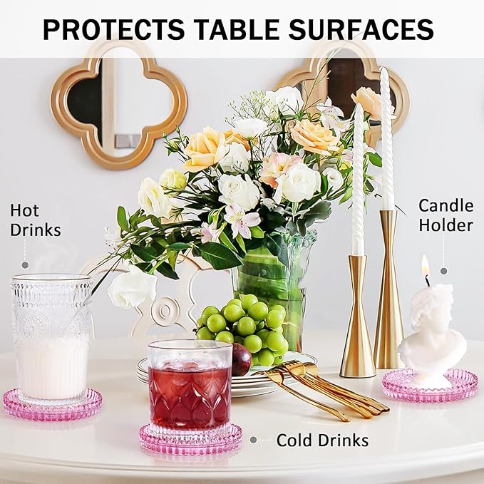 Modern Glass Coasters, GOH DODD Set of 6 Crystal Coasters Tabletop Protection for Drinks, Home Decor, Kitchen, Living Room, Patio, Wedding, Party, Housewarming Gifts, Clear Purple