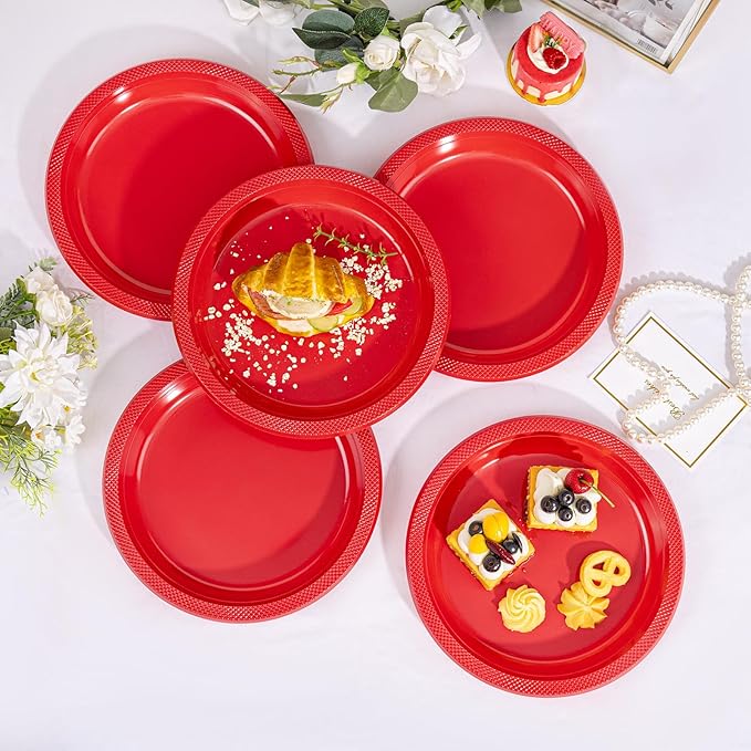WELLIFE Red Party Plates 10 Inch -150 Count, Plastic Disposable Plates for Valentine's Day Dinner Party Easter Mother's Day