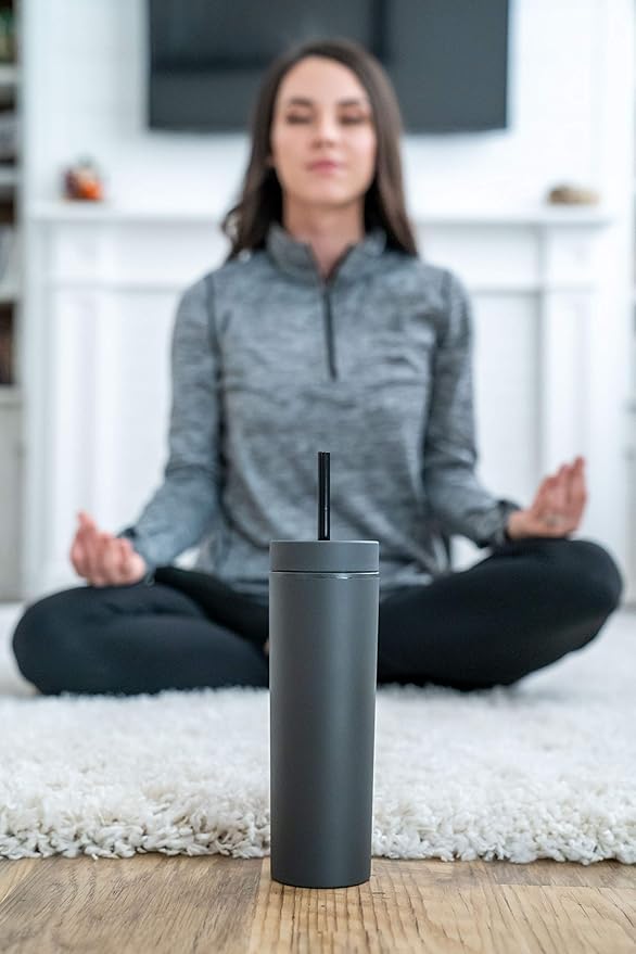 SKINNY TUMBLERS Matte Pastel Colored Acrylic Tumblers with Lids and Straws (4 pack) | 16oz Double Wall Plastic Tumblers With FREE Straw Cleaner! Reusable Cup With Straw | Vinyl DIY Gifts (Black)