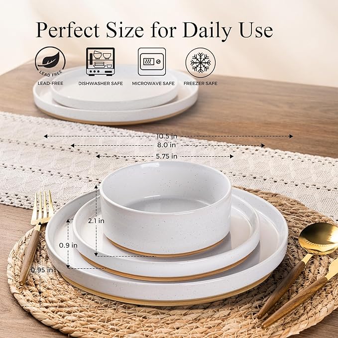 AmorArc Ceramic Dinnerware Set for 8 | Speckled Stoneware Plates and Bowls with Rustic Terracotta Underside| Scratch Resistant,Dishwasher & Microwave Safe Dishes Sets- 24pcs White