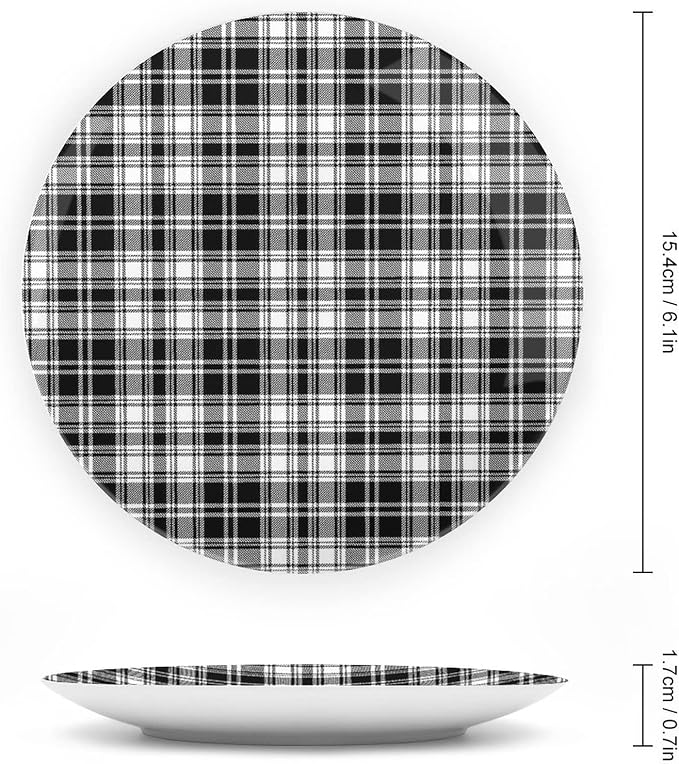 Decorative Plates, Abstract Decor Print Ornament, British Tartan Stripes Pattern, 10 Inch, 1 Plate with 1 Display Stand, Black White